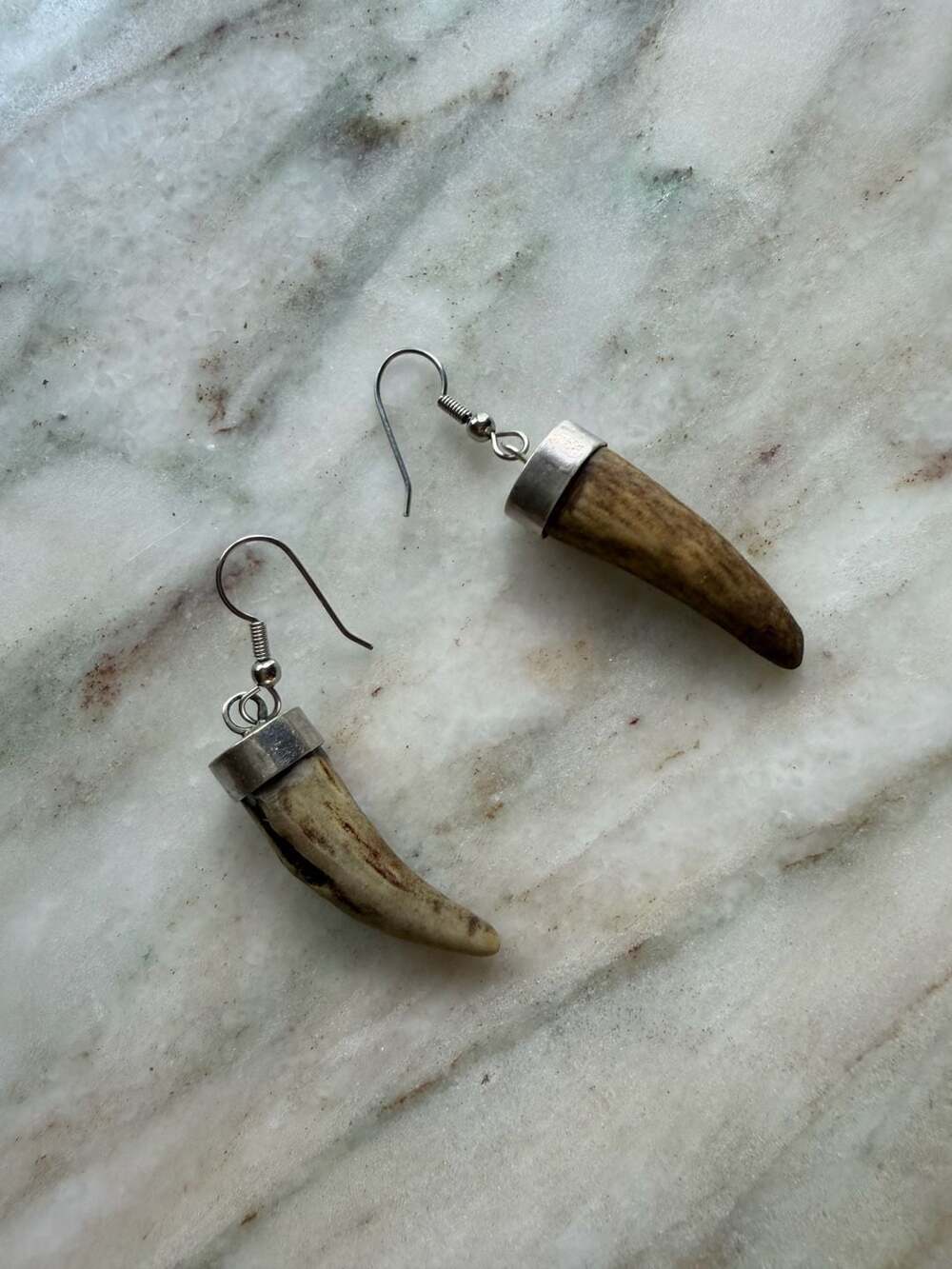Handmade Natural Antler Horn Drop Earrings with Silver-Tone Caps